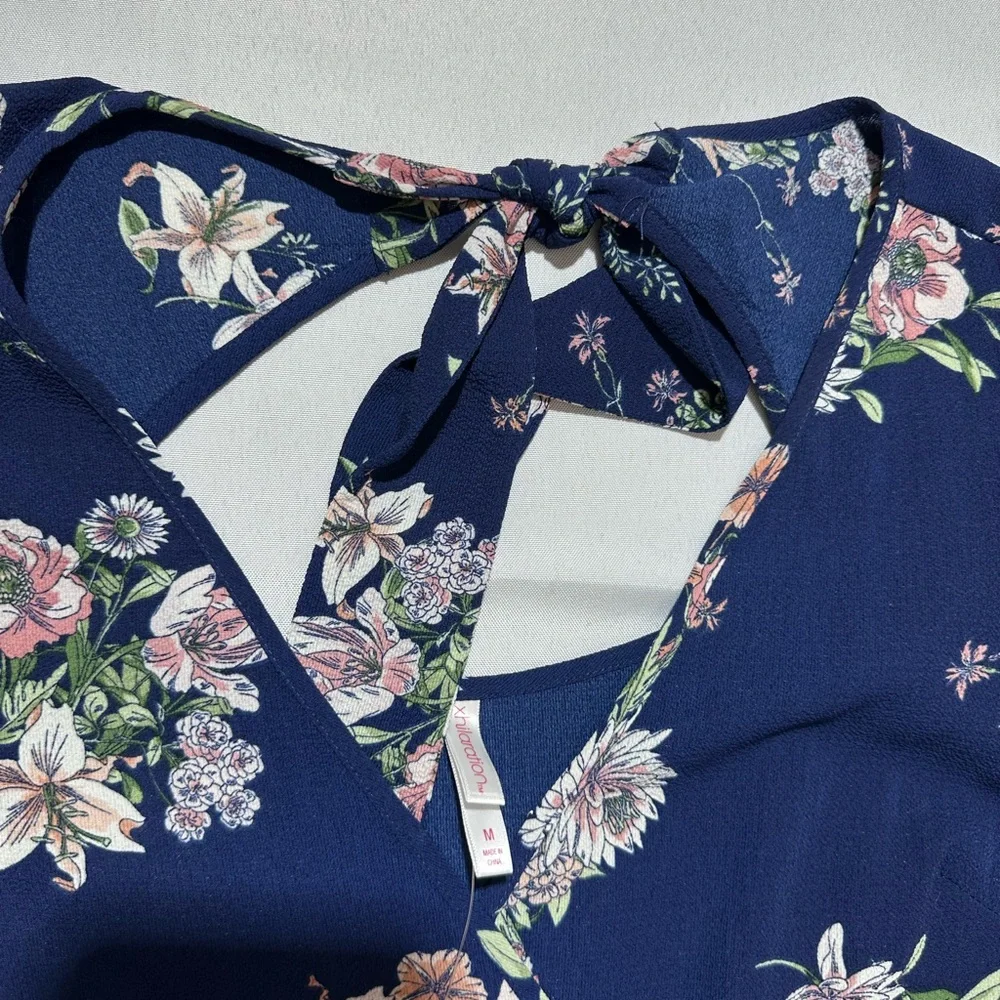 NWT Xhiliration Women’s M Jumpsuit Blue Floral Tie Sleeve Faux Wrap Wide Leg
